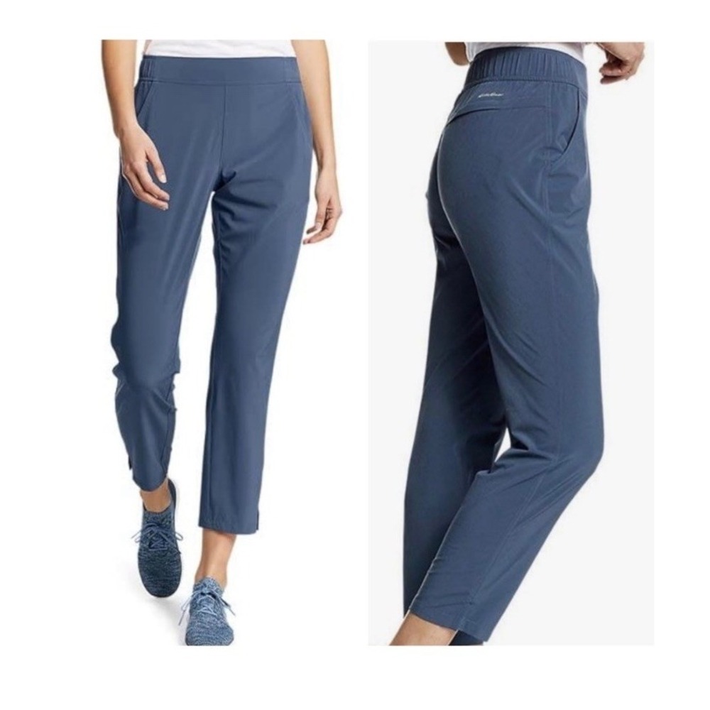 Eddie Bauer Departure Ankle Pants, Pull On Elastic Waist Blue Large Wrinkle Free